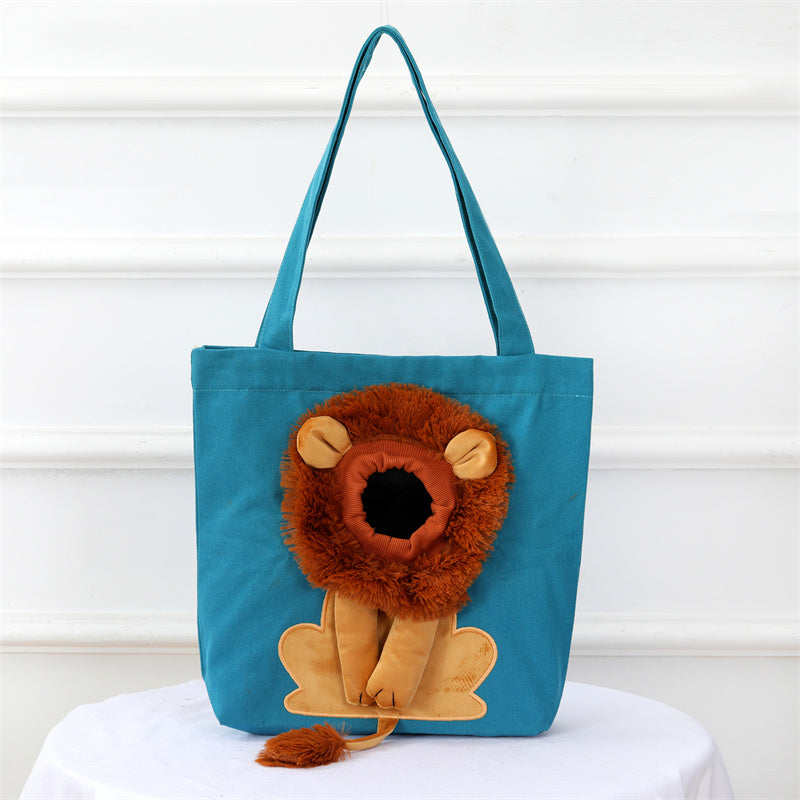 Sac de transport pour chat en toile, coloris bleu, ouverture lion