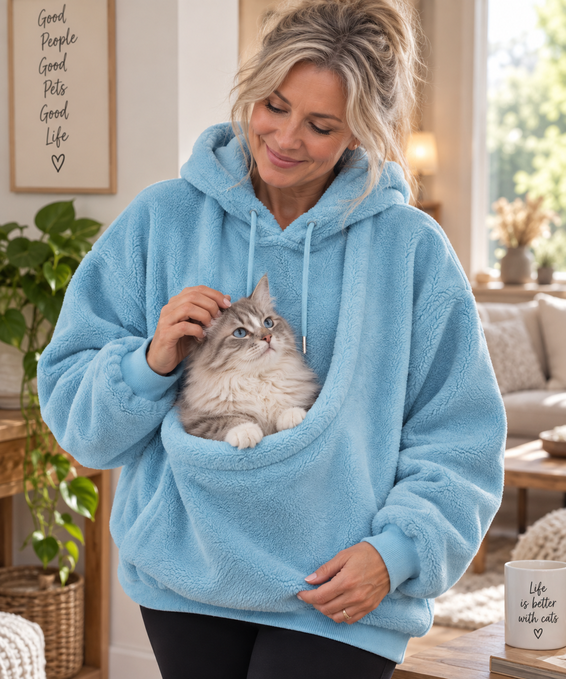Pull porte-chat et petit chien à poche ventrale