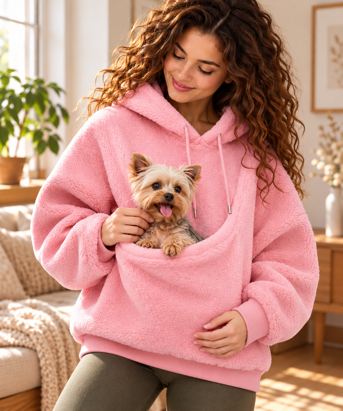Pull porte-chat et petit chien à poche ventrale