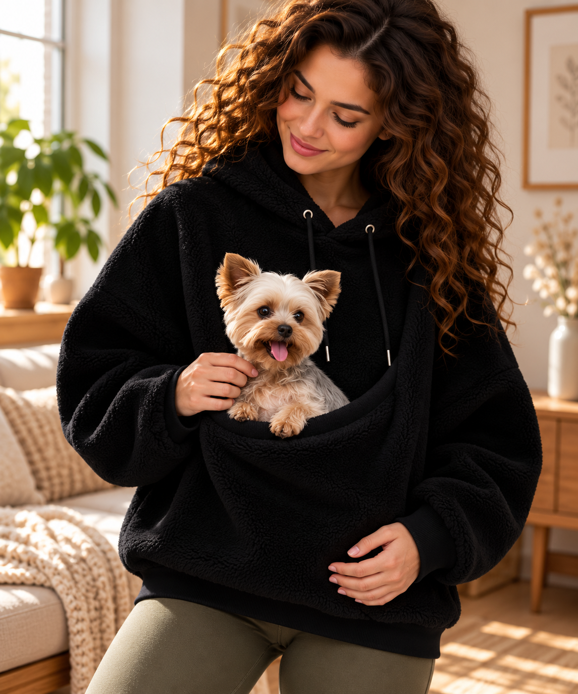 Pull porte-chat et petit chien à poche ventrale