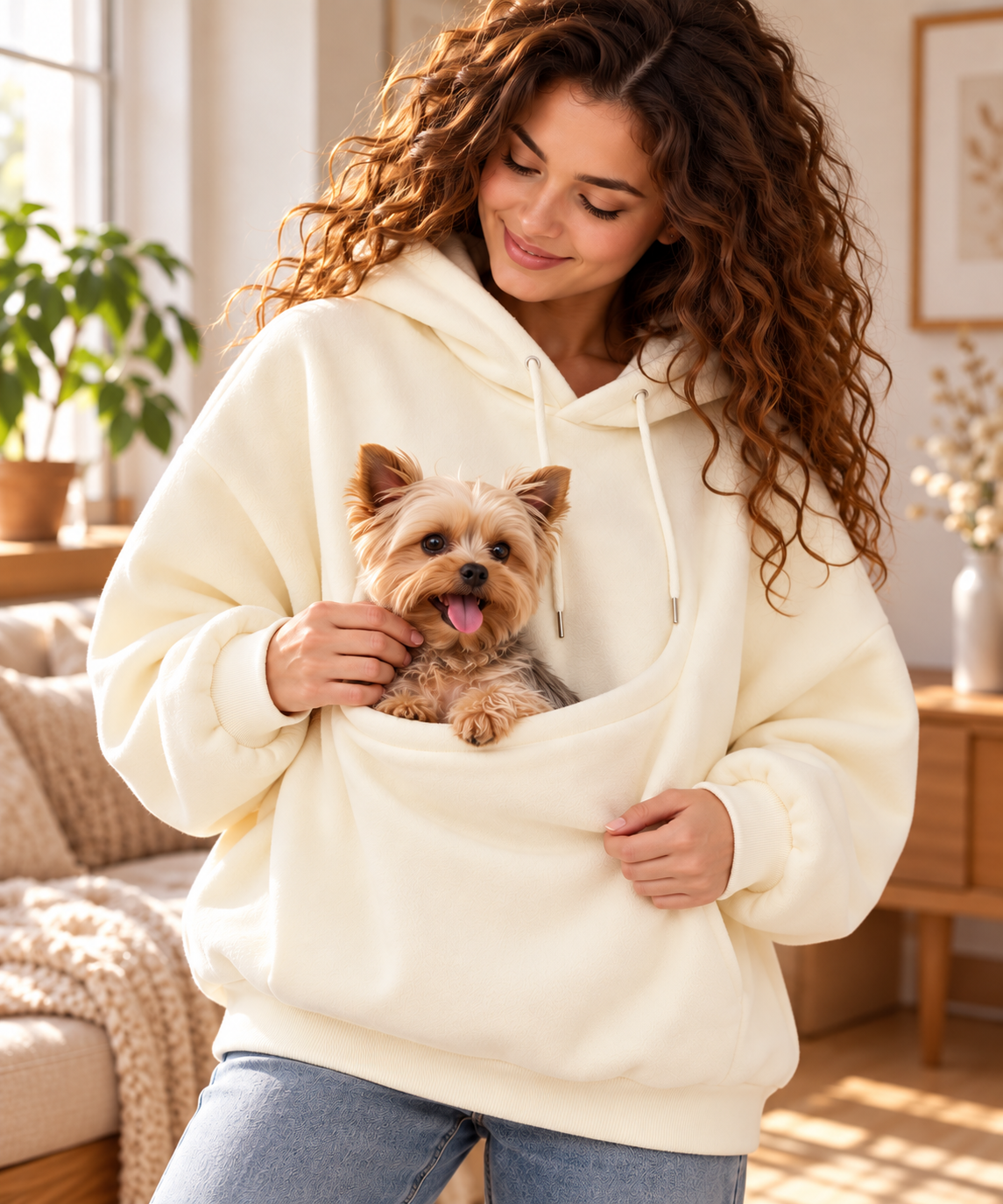 Pull porte-chat et petit chien à poche ventrale